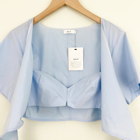 🌸SOLD🌸 NWT A.L.C. | Levine Light Blue Poplin Short Sleeve V-Neck Tie Crop Top - Picture 4 of 7